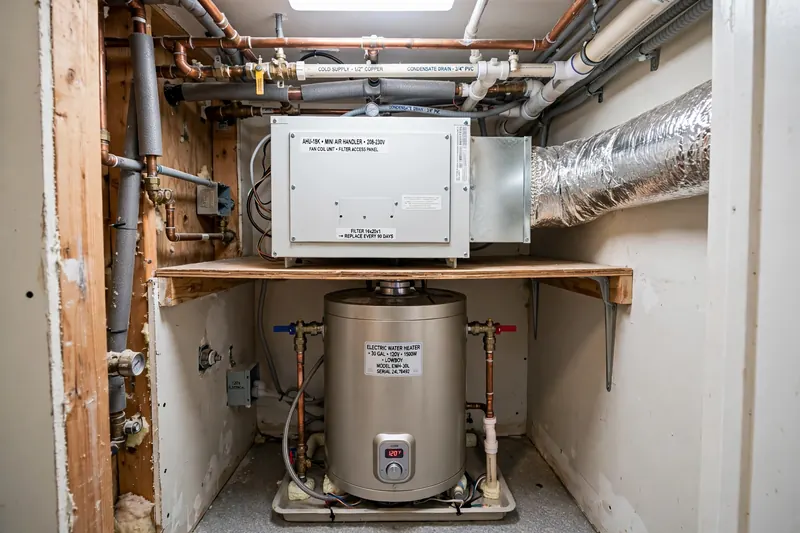 Lowboy water heater under an air handler in a Longboat Key-style condo closet