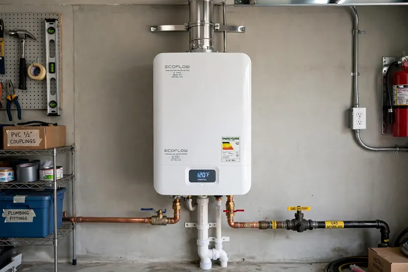 Wall-mounted tankless water heater in a Sarasota garage